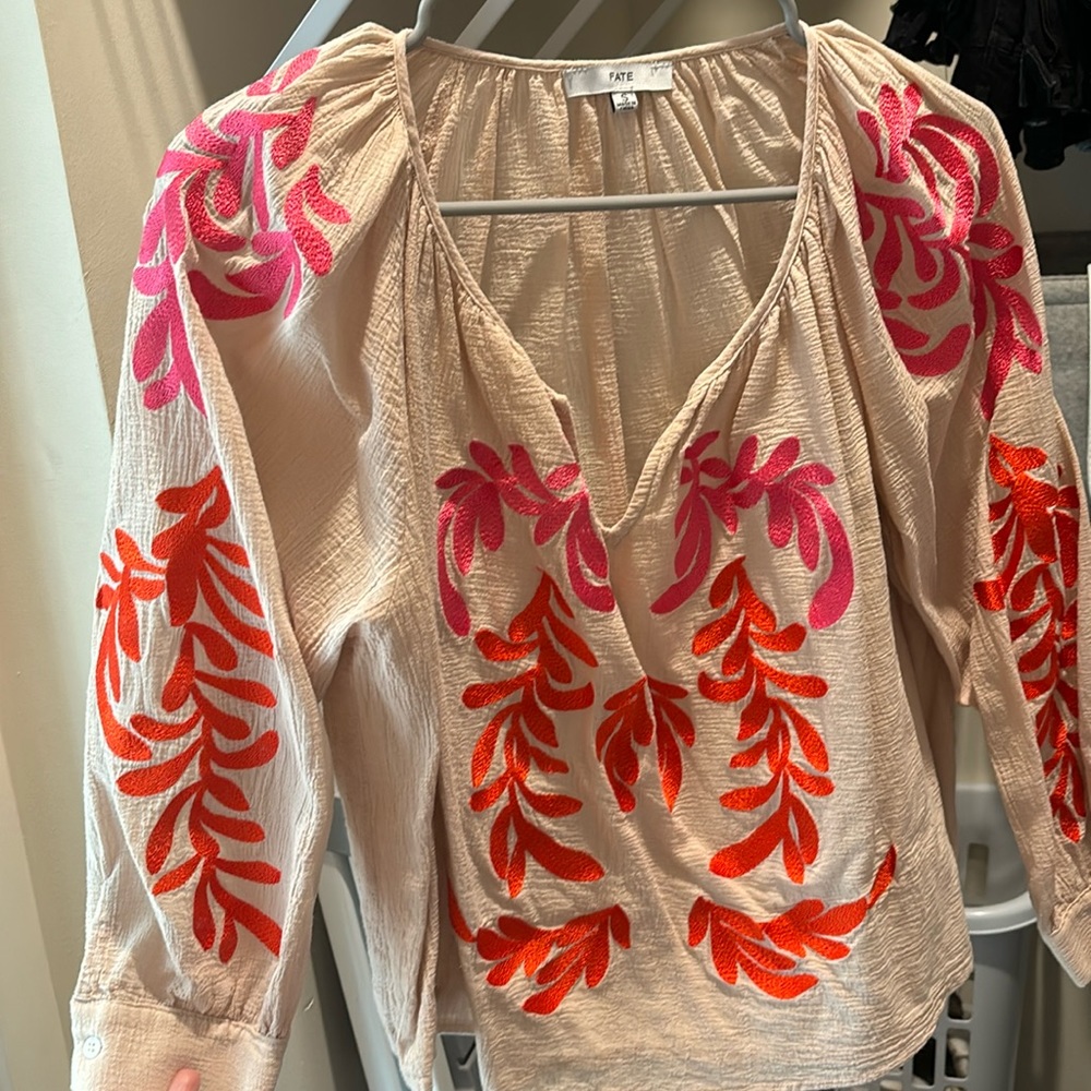 Neon Pink and Orange Embroidered Blouse